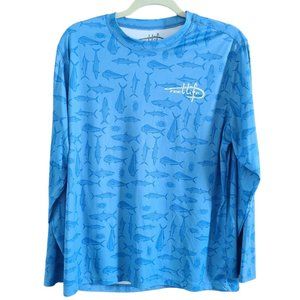 REEL LIFE Mens Blue UPF 50+ Sun Ray Defender Fishing Print Shirt MEDIUM